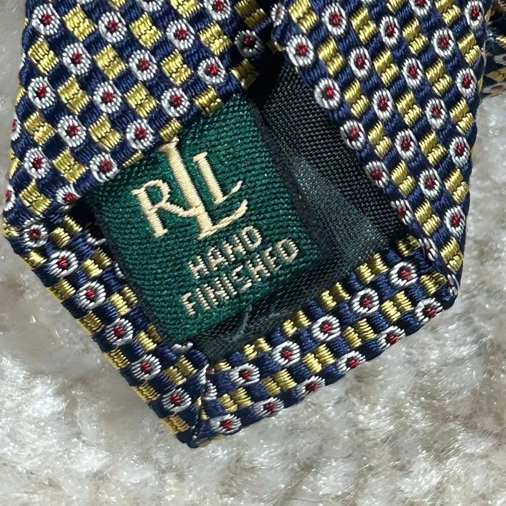 Ralph Lauren LRL Tie Mens Navy Gold Geometric Silk Classic RL Hand Finished